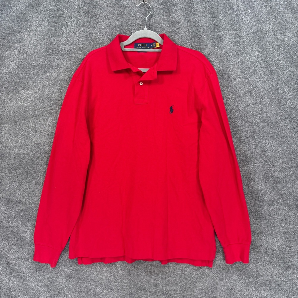 Polo Ralph Lauren Polo Shirt Men Medium Red Long Sleeve Classic Fit Pique Cotton